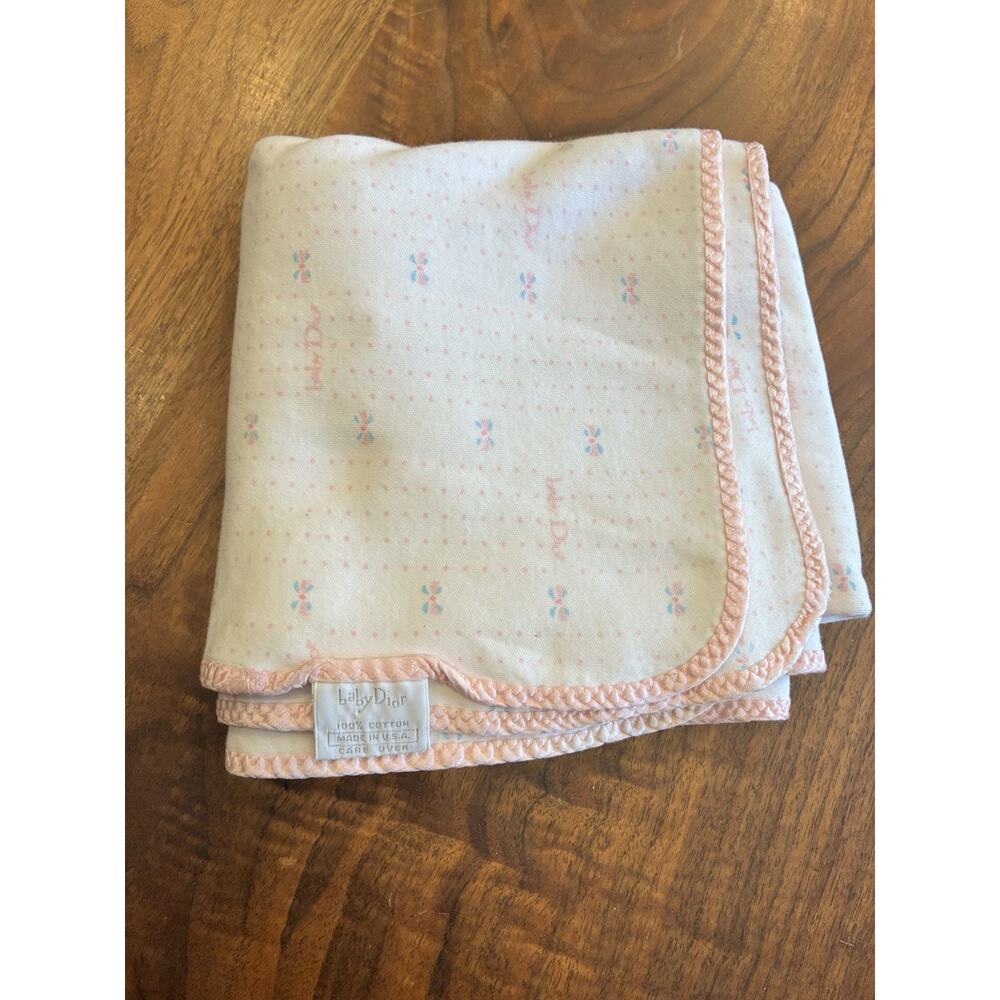 Vintage Baby Dior Bow Polka Dot Cotton Baby Blanket Pink Trim USA, preowned